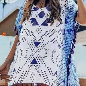 Cupshe Women’s White & Blue Geometric Swim Cover-Up Tunic